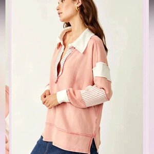 Free People We The Free Clean Prep Polo Pullover Top Oversized Striped Small